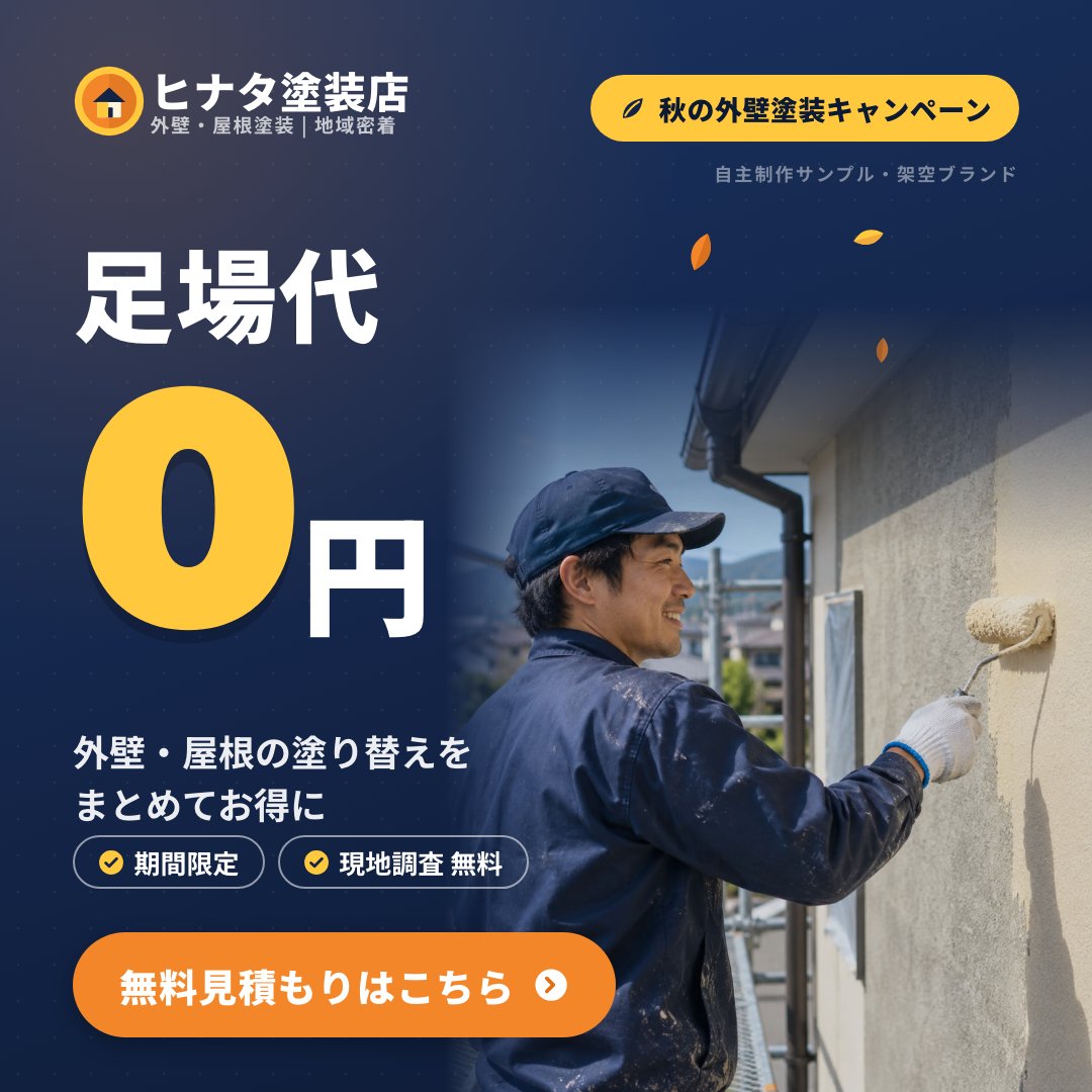 足場代0円を大きく掲げた正方形バナー。紺地にオレンジ屋根の家のイラストと無料見積もりボタン