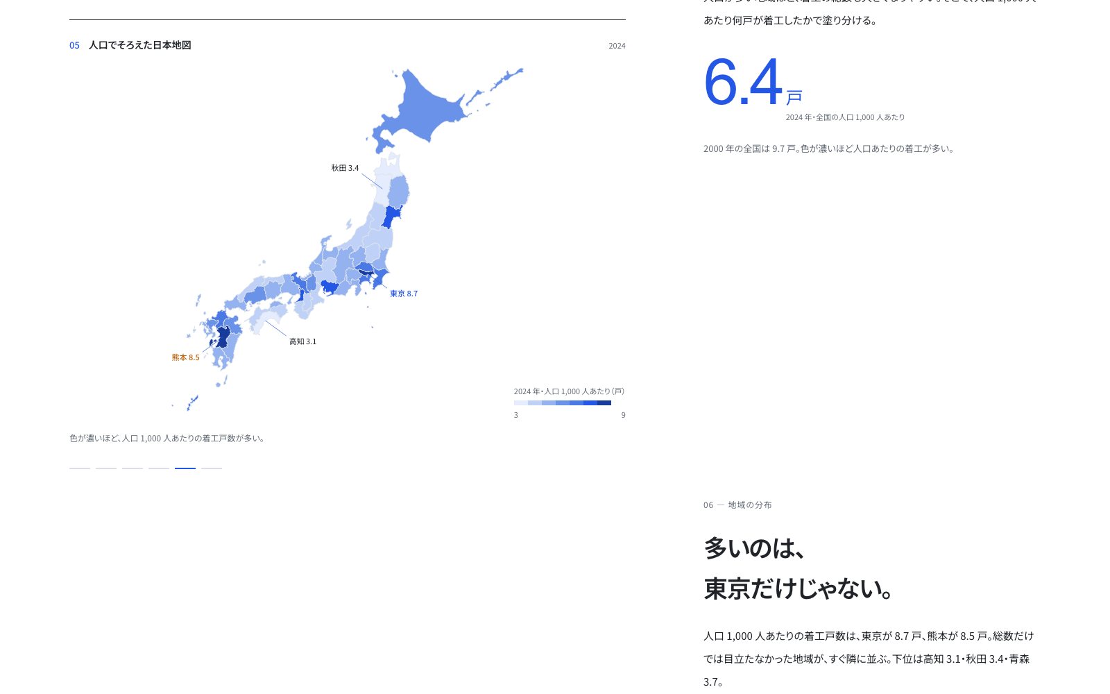 人口 1,000 人あたりの新設住宅着工で塗り分けた都道府県地図